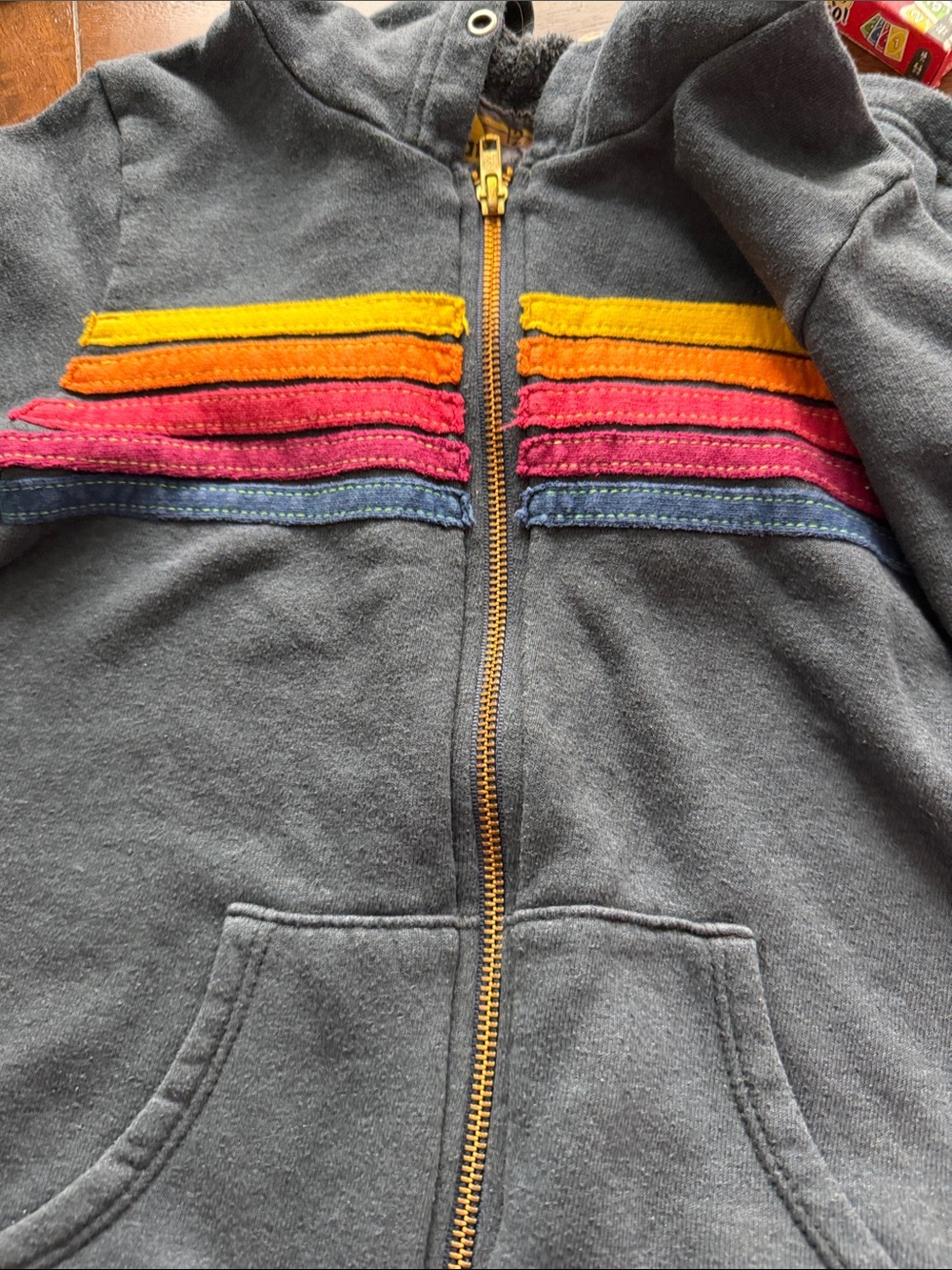 Aviator Nation Kids Charcoal Zip Hoodie with Yellow Orange Pink and Blue Stripes